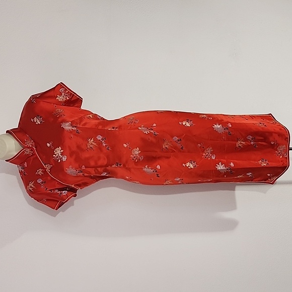 Vintage Dress Chinese Asian Qipao Cheongsam Satin Side Slit Red Size M - Picture 15 of 17
